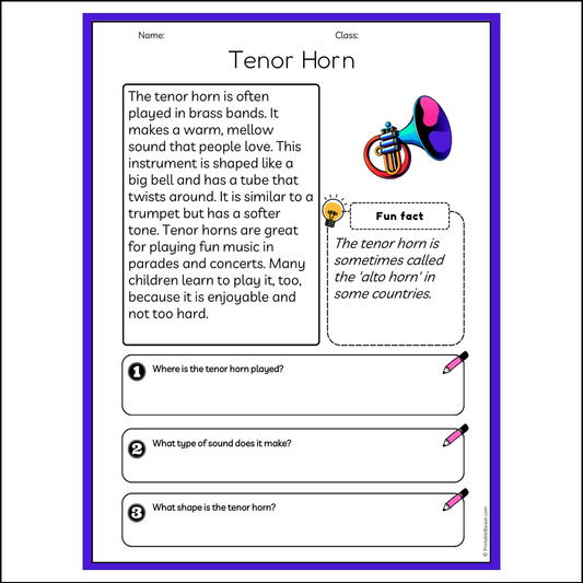 Tenor Horn | Reading Passage Comprehension Questions Writing Facts Worksheet