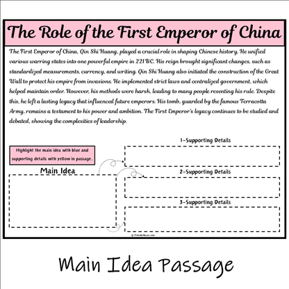 The Role of the First Emperor of China | Main Idea and Supporting Details Reading Passage and Questions