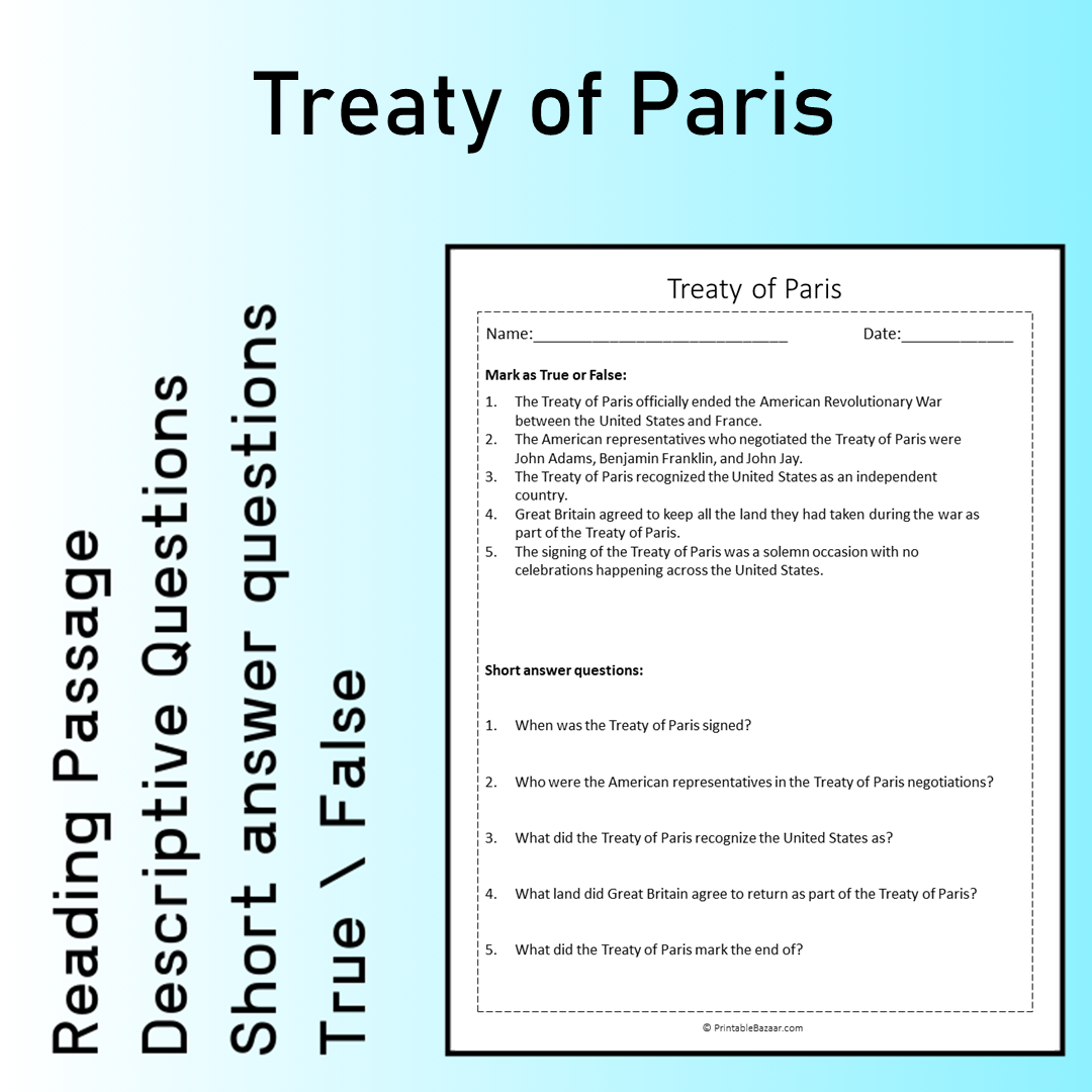 Treaty of Paris | Reading Comprehension Passage Printable Worksheet