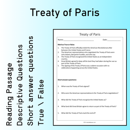 Treaty of Paris | Reading Comprehension Passage Printable Worksheet