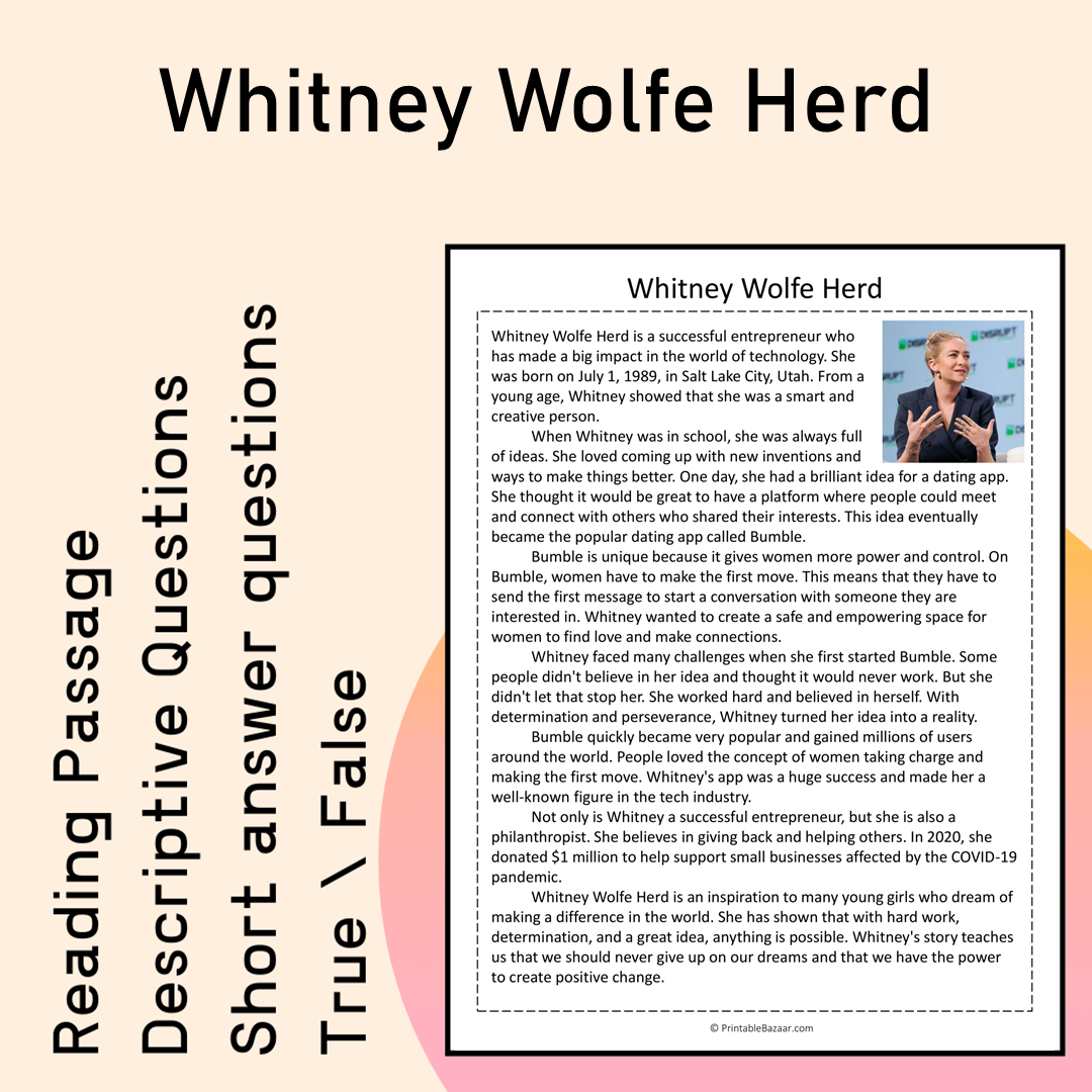 Whitney Wolfe Herd | Reading Comprehension Passage Printable Activity