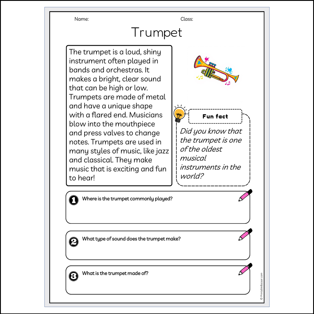 Trumpet | Reading Passage Comprehension Questions Writing Facts Worksheet