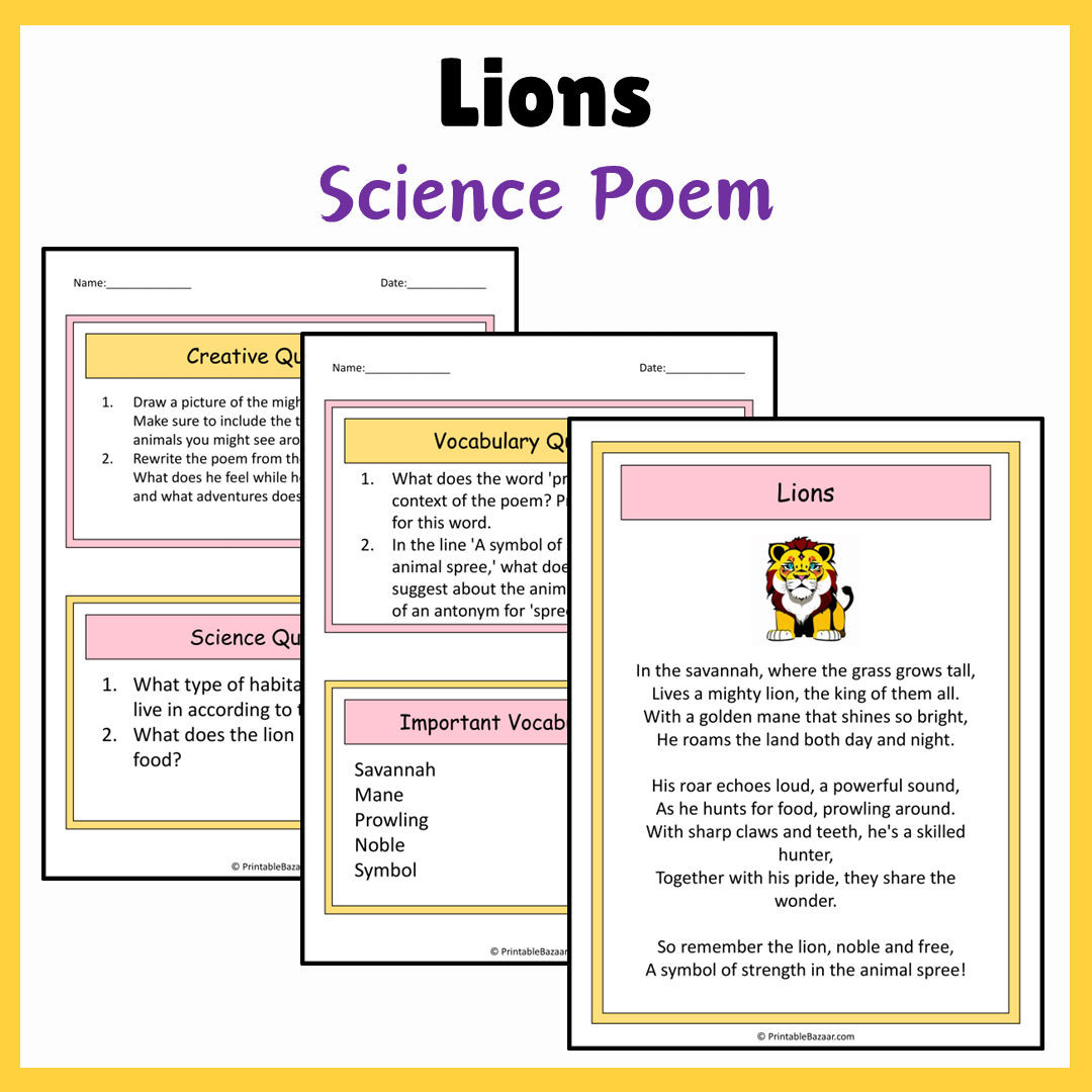 Lions | Science Poem Reading Comprehension Activity