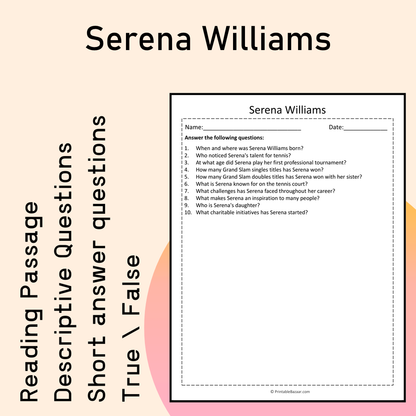 Serena Williams | Reading Comprehension Passage Printable Activity