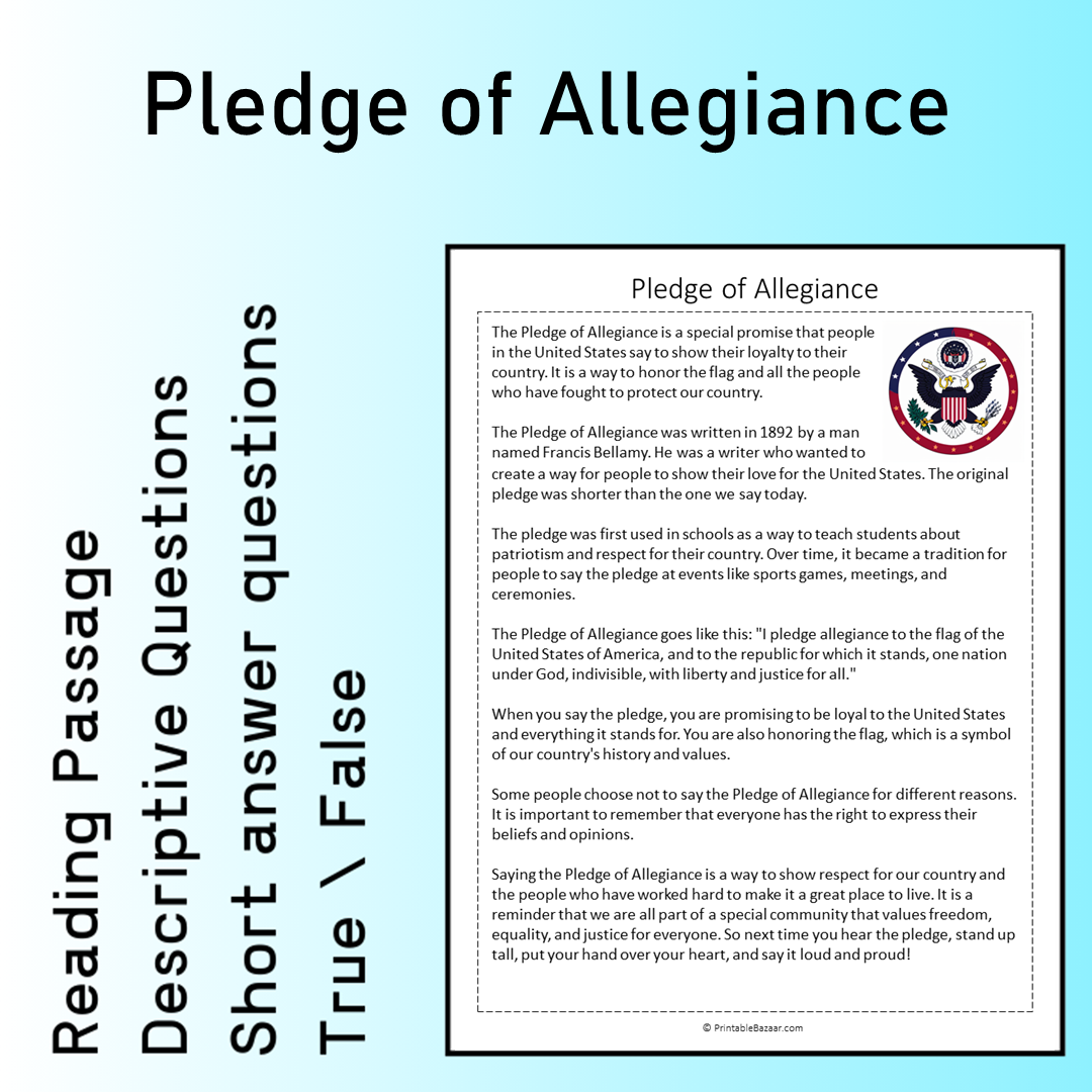 Pledge of Allegiance | Reading Comprehension Passage Printable Worksheet