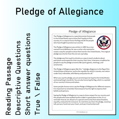 Pledge of Allegiance | Reading Comprehension Passage Printable Worksheet