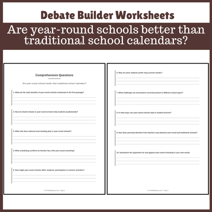 Are year-round schools better than traditional school calendars? | Favour and Against Worksheet Printable Activity