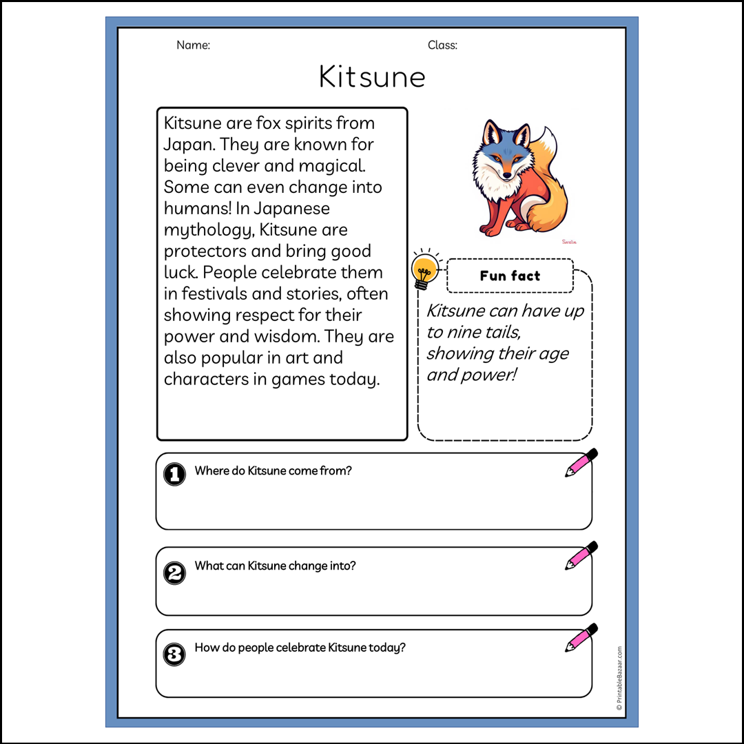 Kitsune | Reading Passage Comprehension Questions Writing Facts Worksheet