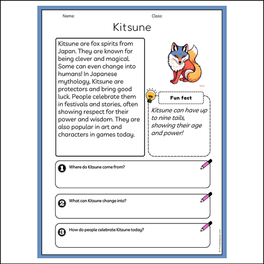 Kitsune | Reading Passage Comprehension Questions Writing Facts Worksheet