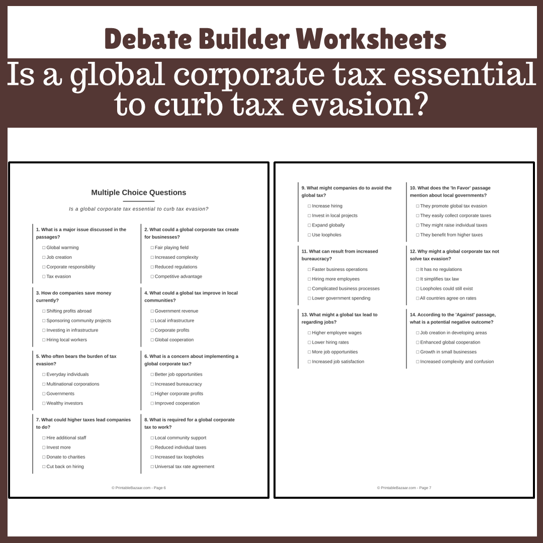 Is a global corporate tax essential to curb tax evasion? | Favour and Against Worksheet Printable Activity