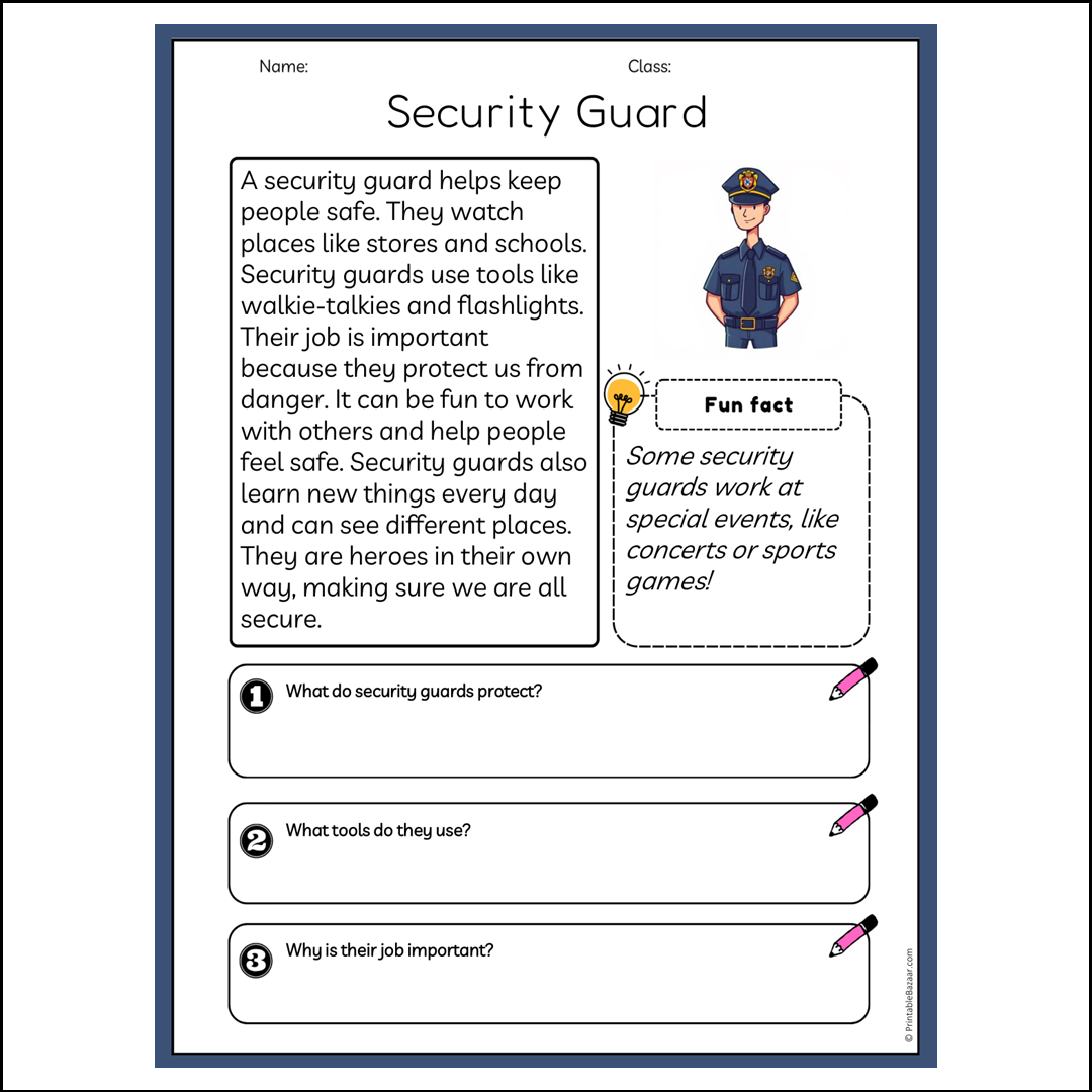 Security Guard | Reading Passage Comprehension Questions Writing Facts Worksheet