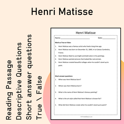 Henri Matisse | Reading Comprehension Passage Printable Activity