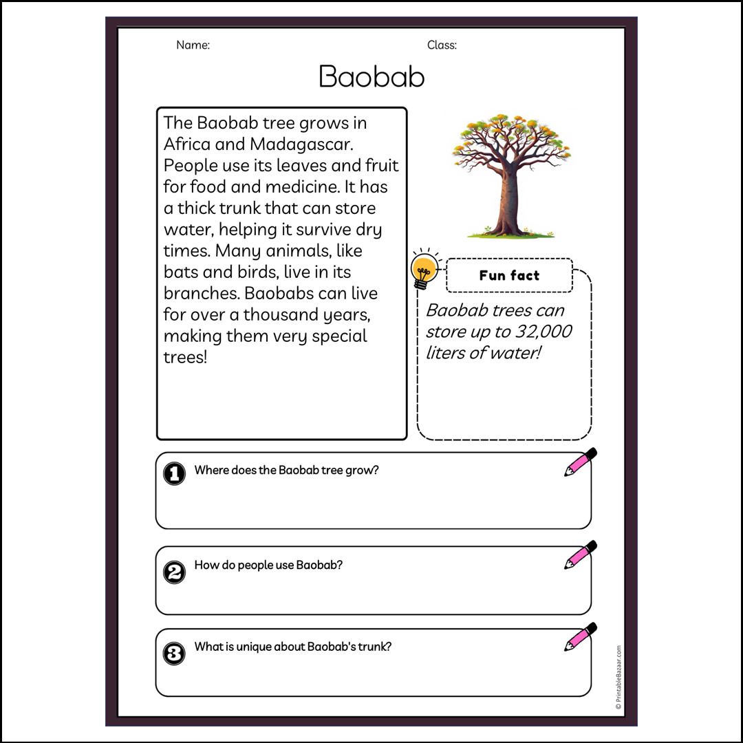 Baobab | Reading Passage Comprehension Questions Writing Facts Worksheet