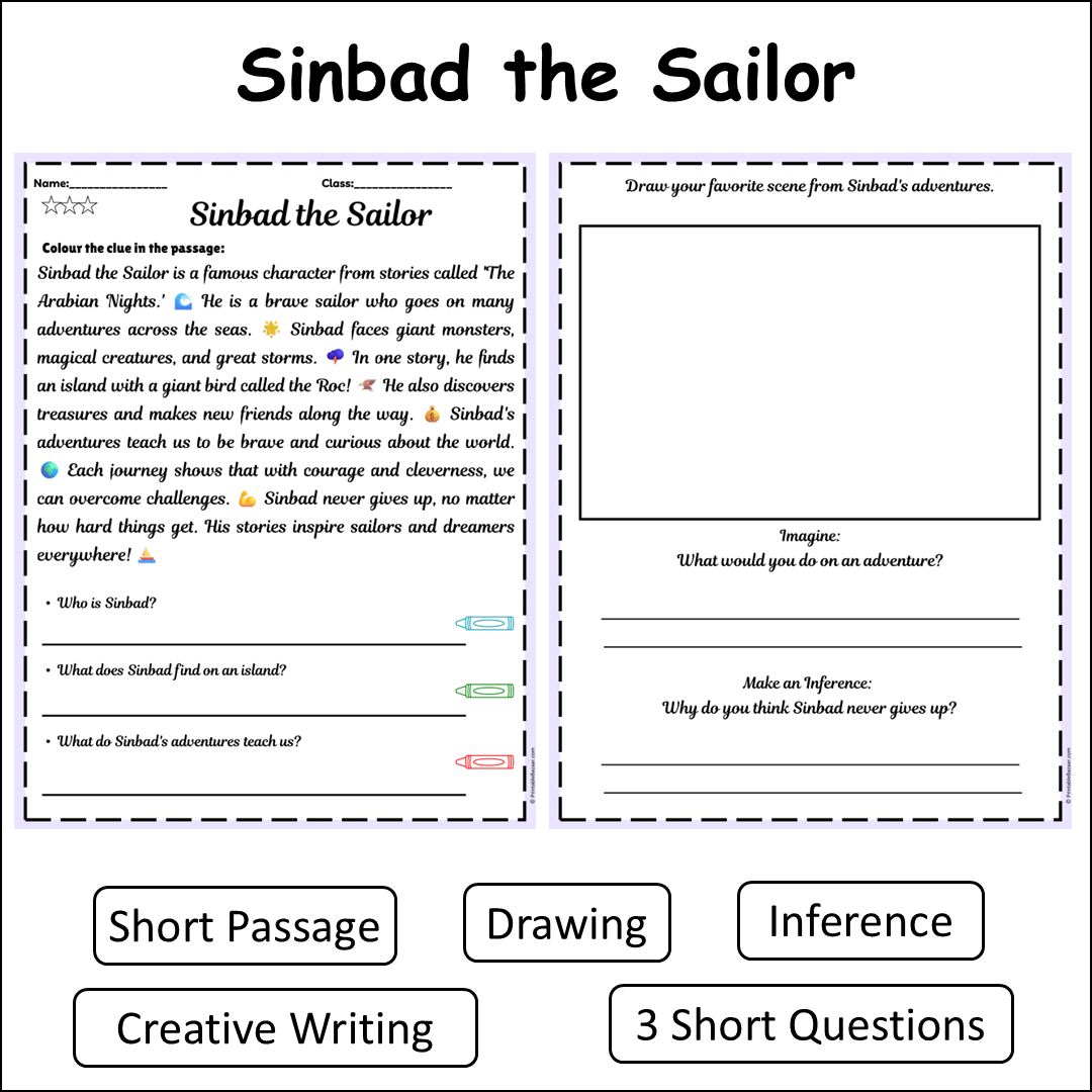 Sinbad the Sailor | Short Reading Comprehension Creative Worksheet