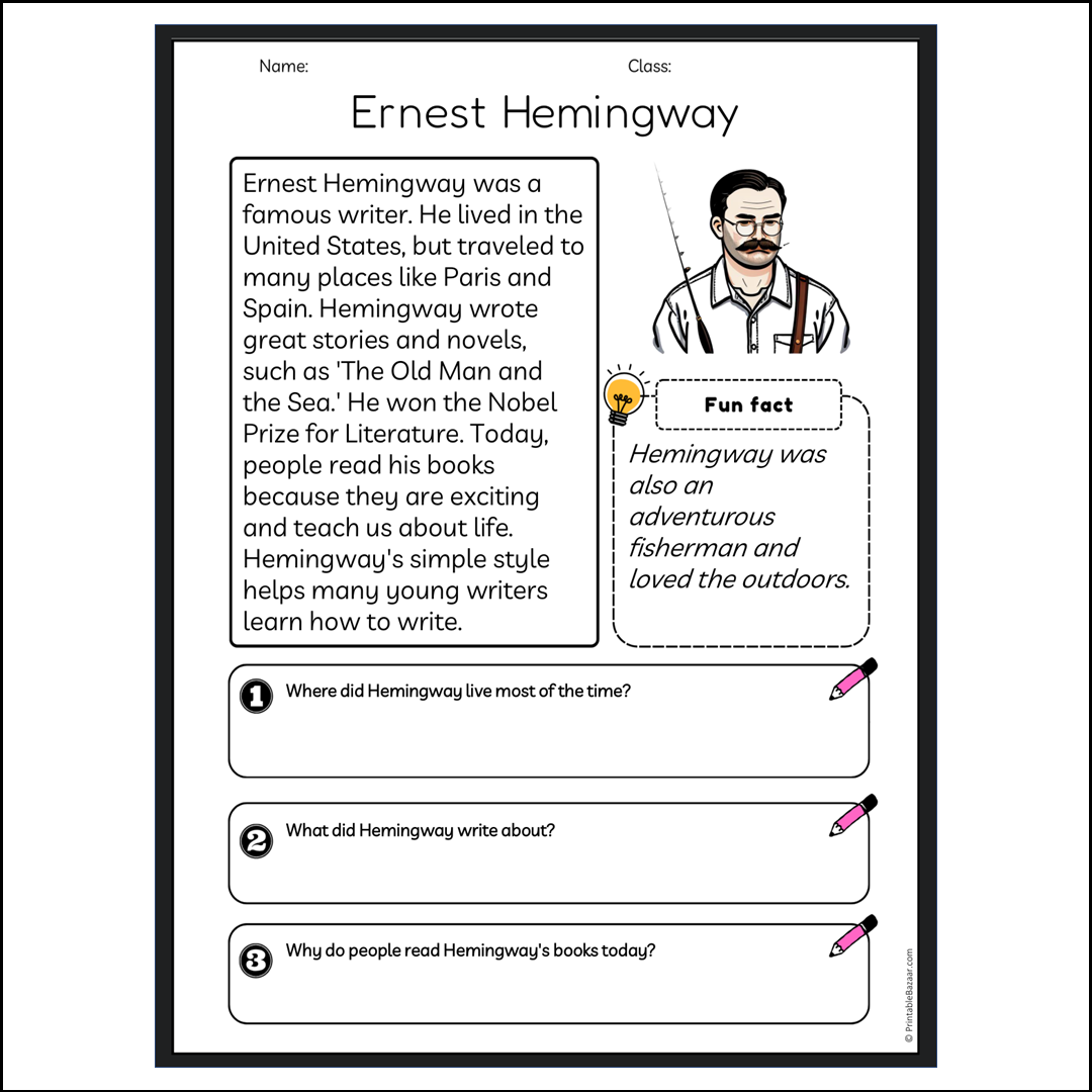 Ernest Hemingway | Reading Passage Comprehension Questions Writing Facts Worksheet