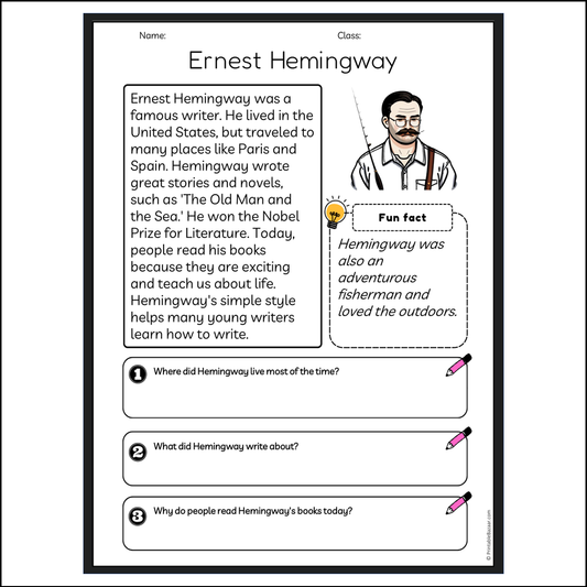 Ernest Hemingway | Reading Passage Comprehension Questions Writing Facts Worksheet