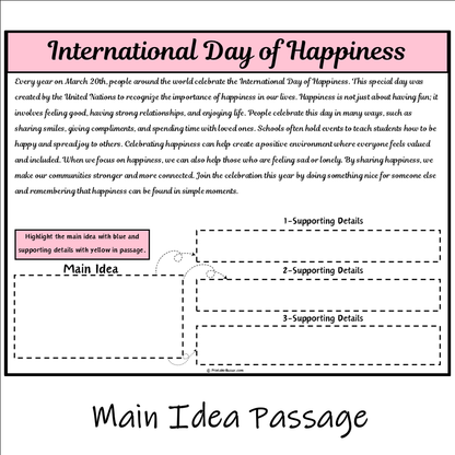 International Day of Happiness | Main Idea and Supporting Details Reading Passage and Questions