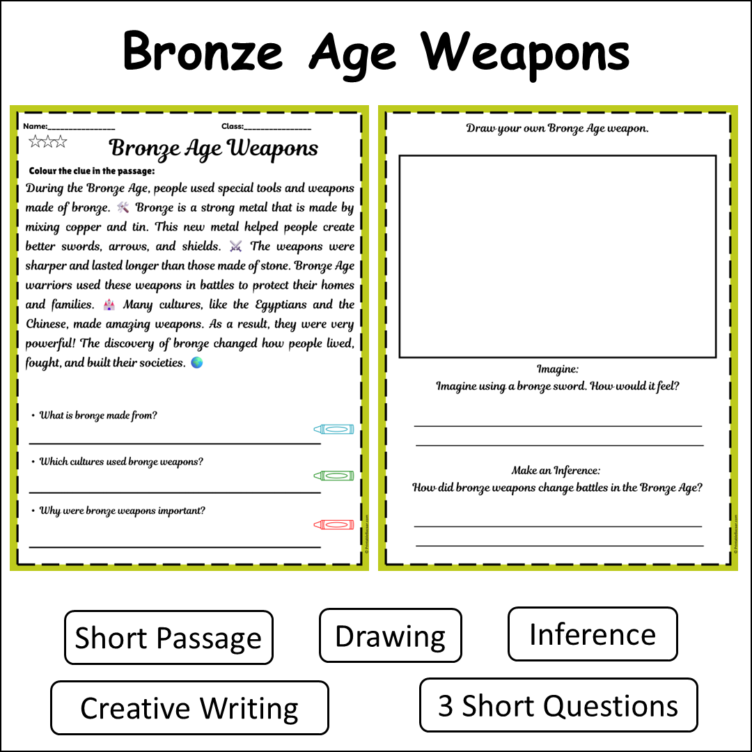 Bronze Age Weapons | Short Reading Comprehension Creative Worksheet