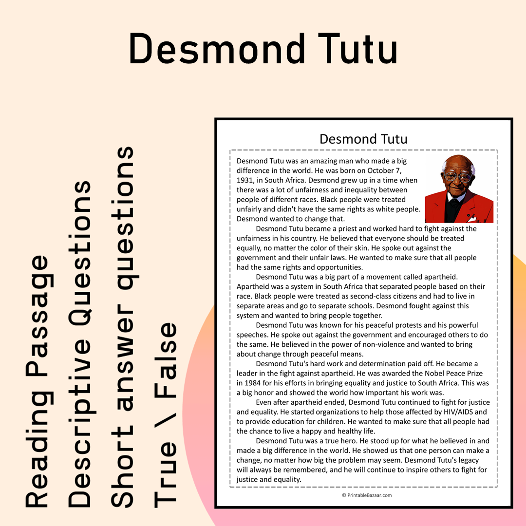 Desmond Tutu | Reading Comprehension Passage Printable Activity