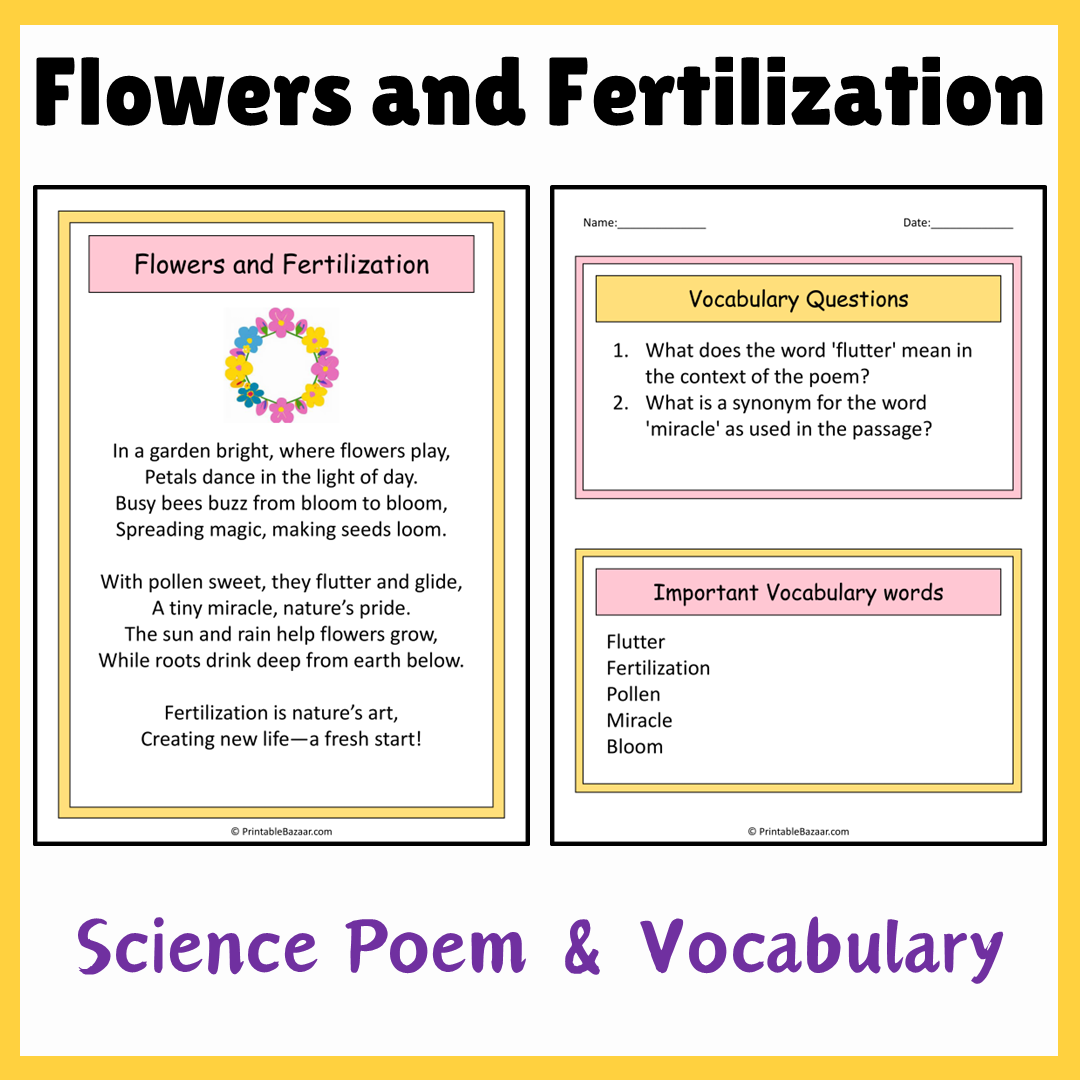 Flowers and Fertilization | Science Poem Reading Comprehension Activity