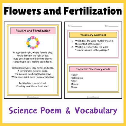 Flowers and Fertilization | Science Poem Reading Comprehension Activity