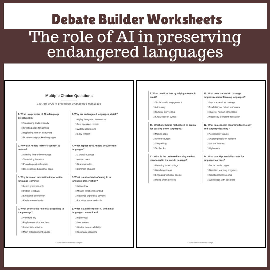 The role of AI in preserving endangered languages | Favour and Against Worksheet Printable Activity