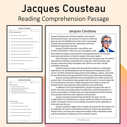 Jacques Cousteau | Reading Comprehension Passage Printable Activity