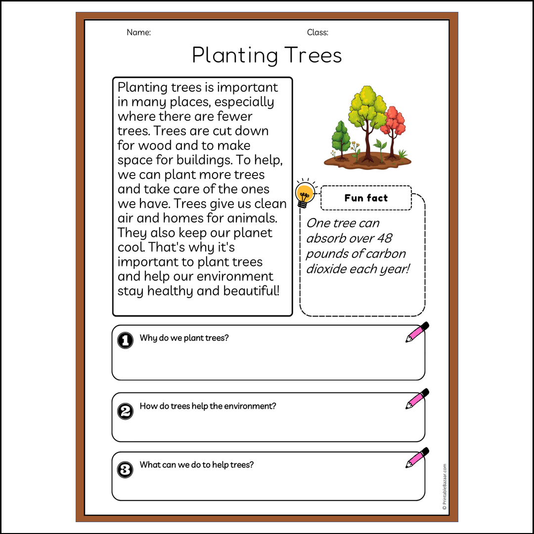 Planting Trees | Reading Passage Comprehension Questions Writing Facts Worksheet