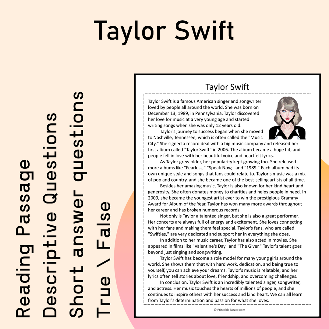 Taylor Swift | Reading Comprehension Passage Printable Activity