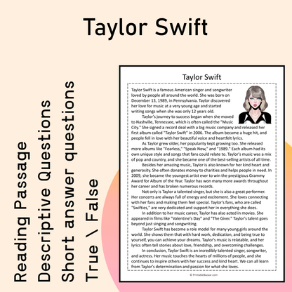 Taylor Swift | Reading Comprehension Passage Printable Activity