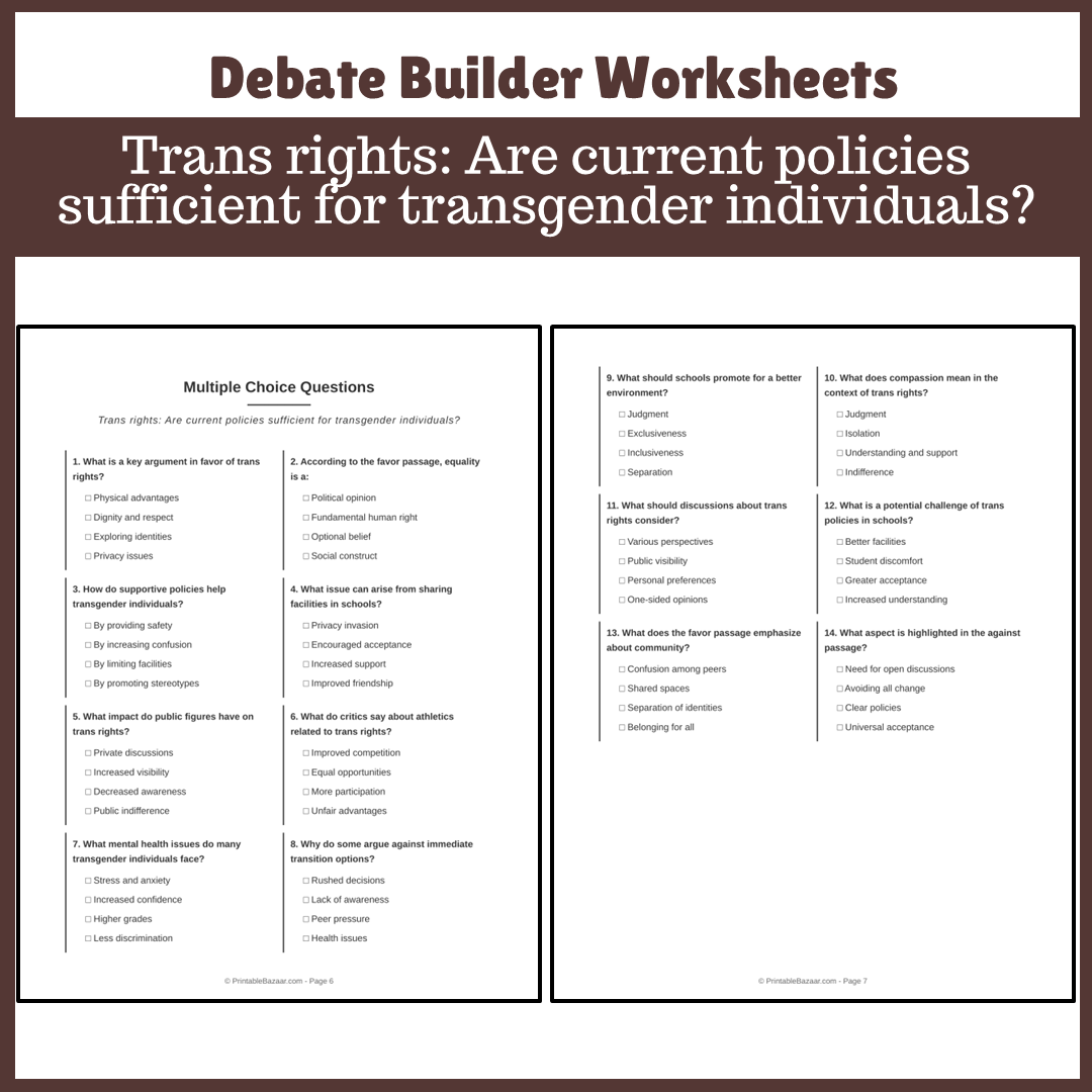 Trans rights: Are current policies sufficient for transgender individuals? | Favour and Against Worksheet Printable Activity