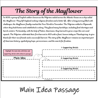 The Story of the Mayflower | Main Idea and Supporting Details Reading Passage and Questions