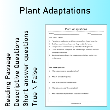 Plant Adaptations | Reading Comprehension Passage Printable Worksheet