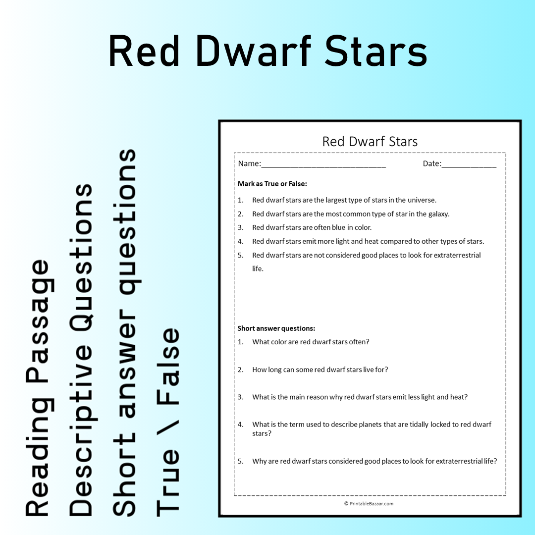 Red Dwarf Stars | Reading Comprehension Passage Printable Worksheet