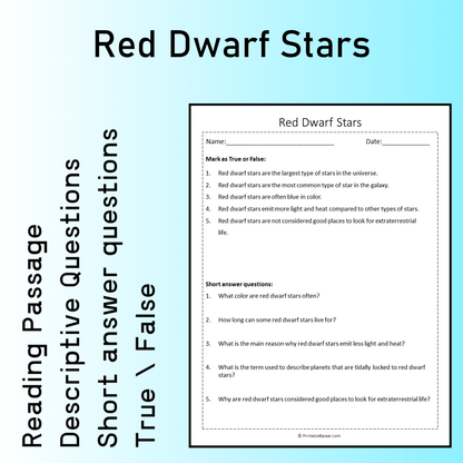Red Dwarf Stars | Reading Comprehension Passage Printable Worksheet