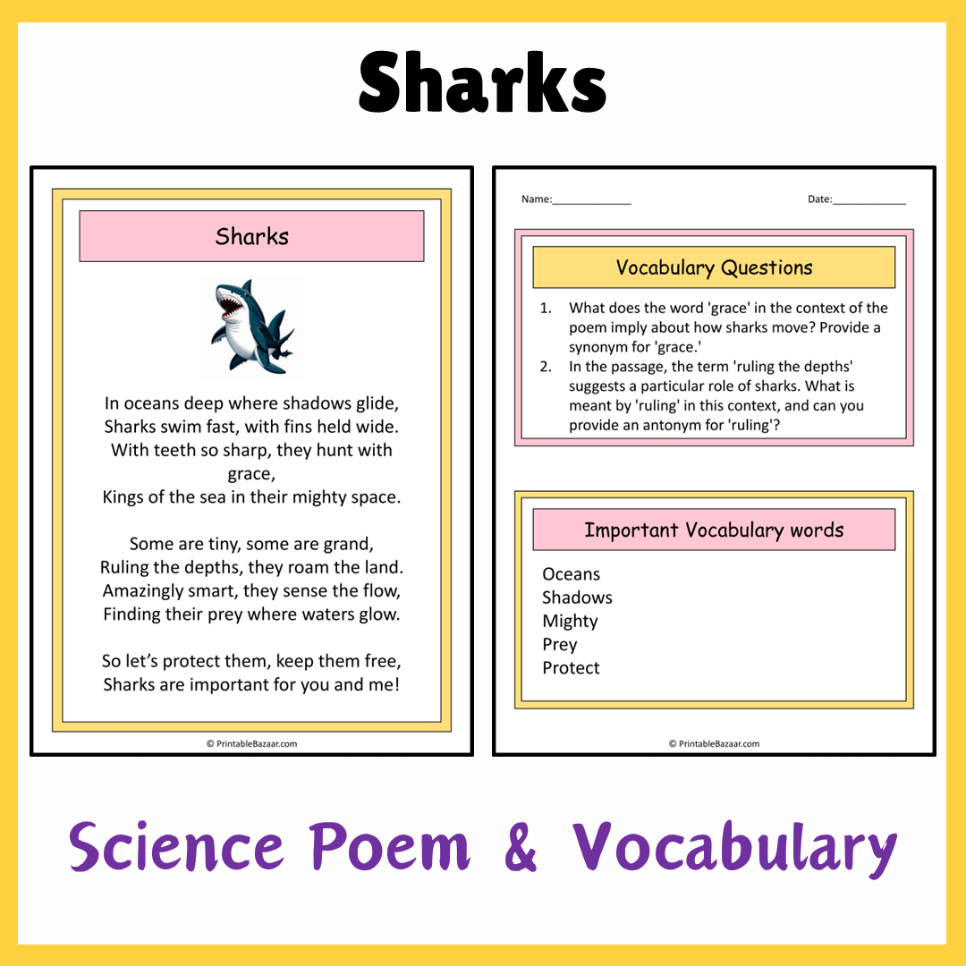 Sharks | Science Poem Reading Comprehension Activity