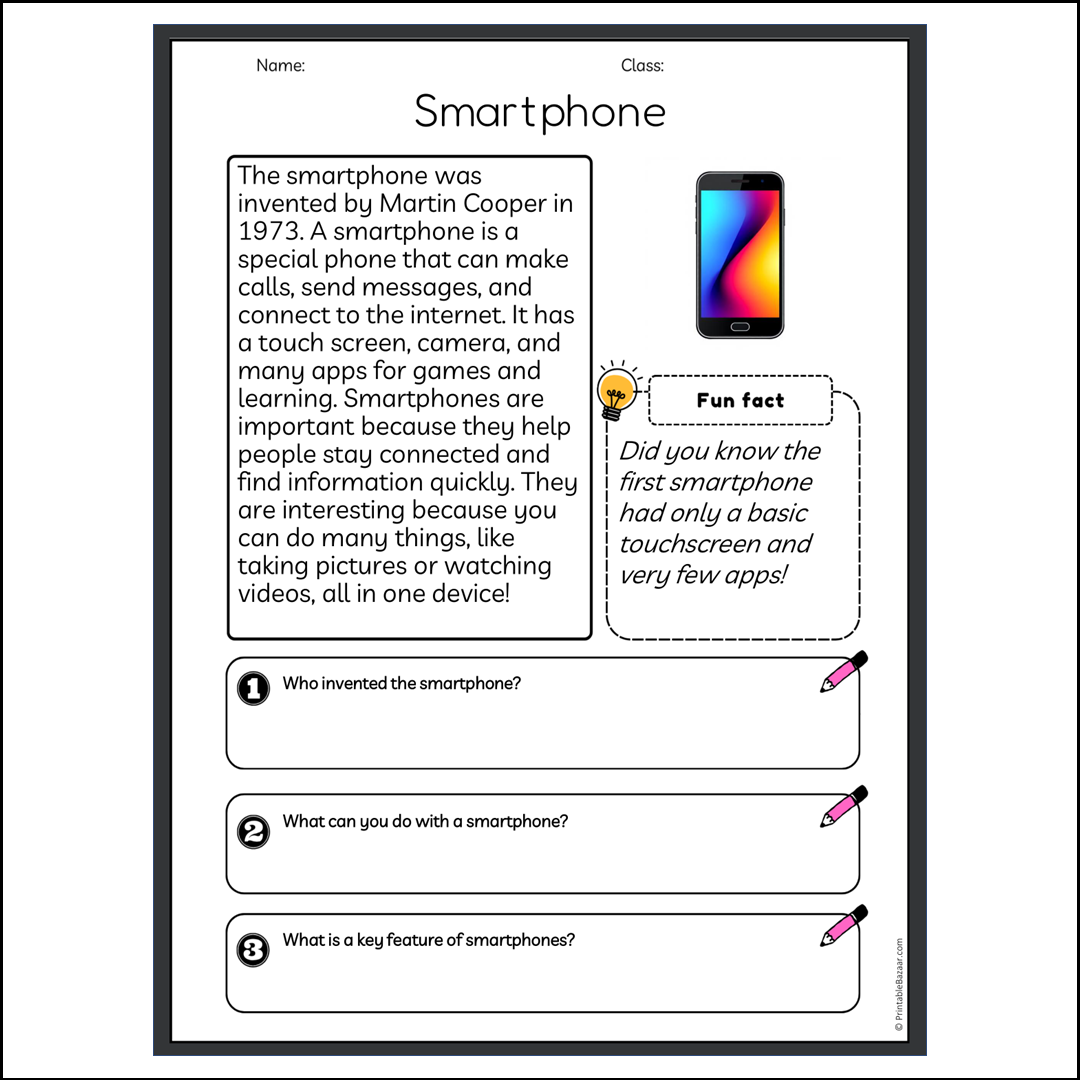 Smartphone | Reading Passage Comprehension Questions Writing Facts Worksheet