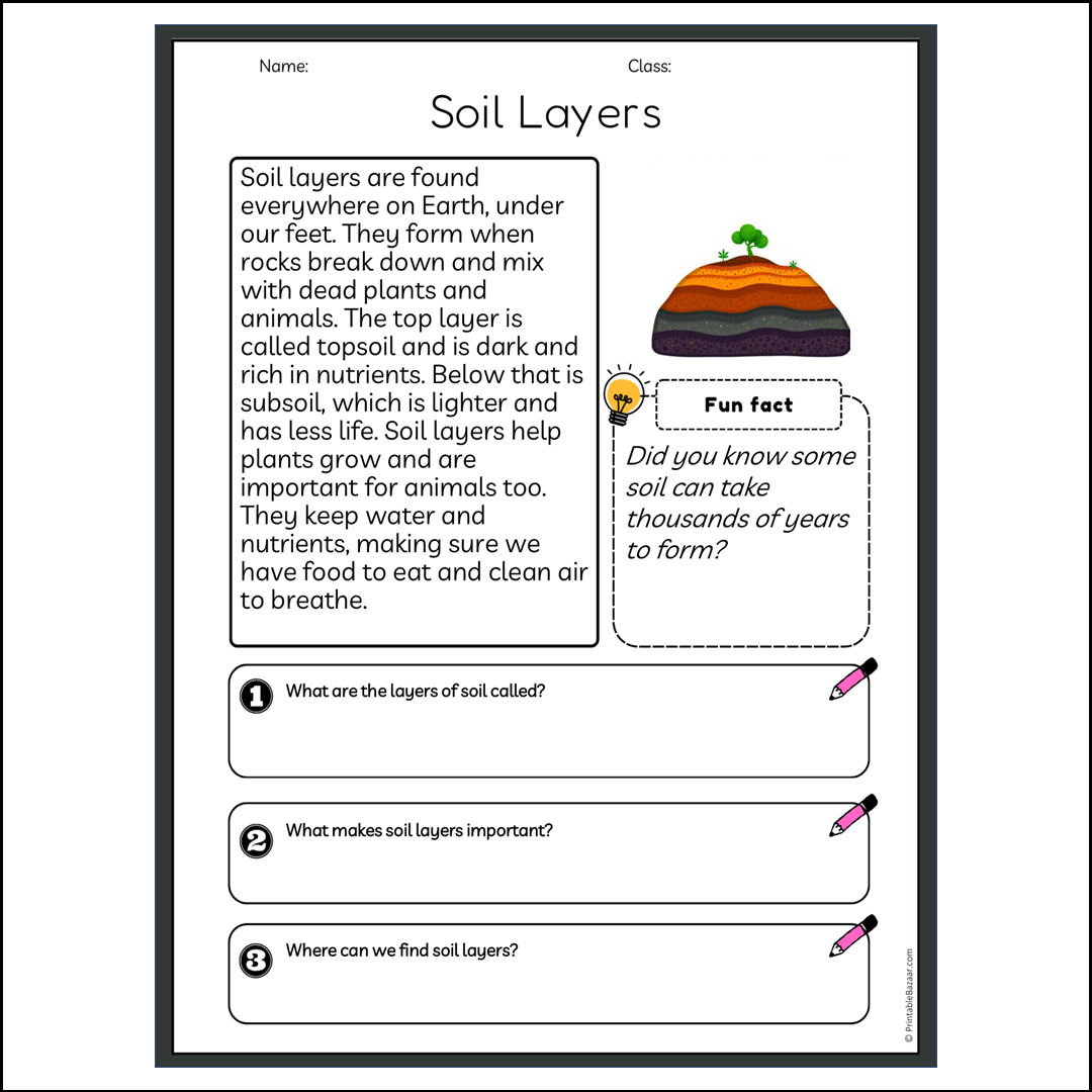 Soil Layers | Reading Passage Comprehension Questions Writing Facts Worksheet