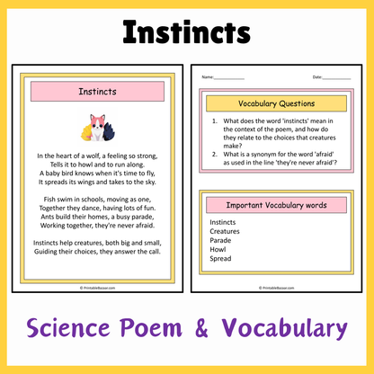 Instincts | Science Poem Reading Comprehension Activity