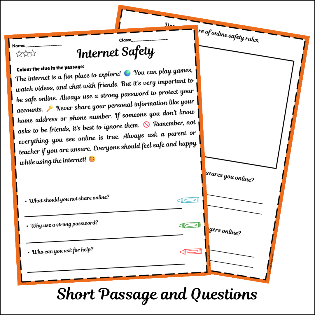 Internet Safety | Short Reading Comprehension Creative Worksheet
