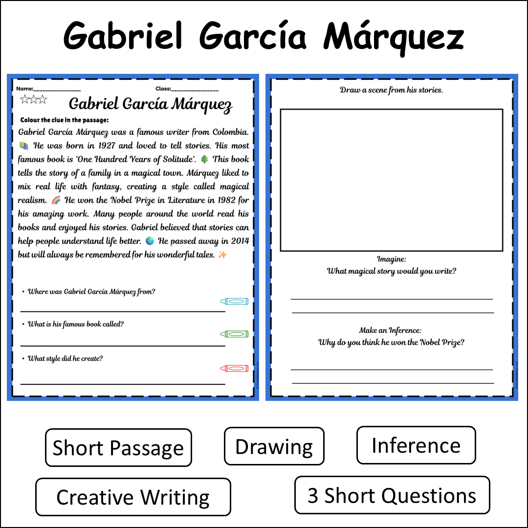 Gabriel García Márquez | Short Reading Comprehension Creative Worksheet