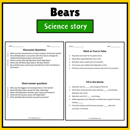 Bears | Science Story Reading Comprehension Activity