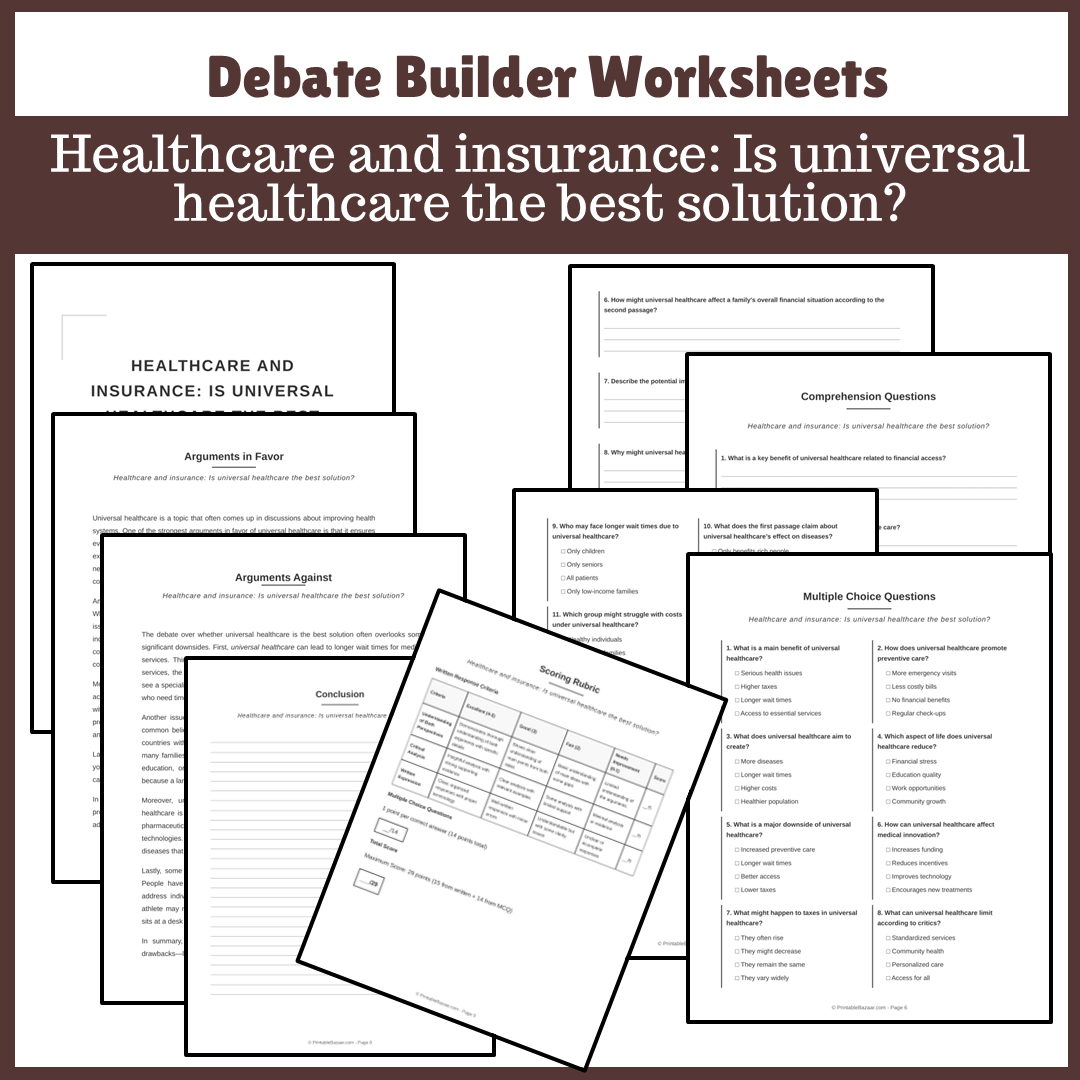 Healthcare and insurance: Is universal healthcare the best solution? | Favour and Against Worksheet Printable Activity