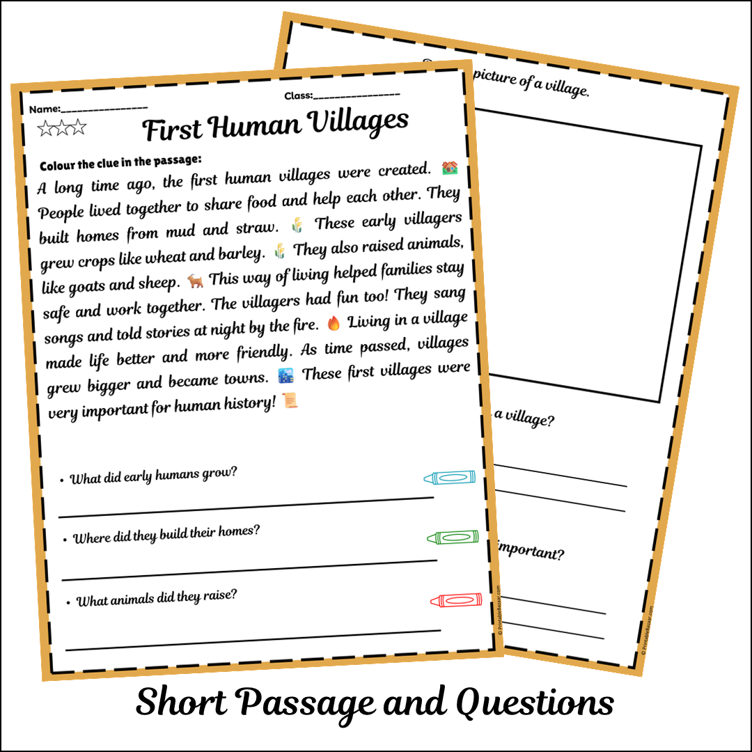 First Human Villages | Short Reading Comprehension Creative Worksheet
