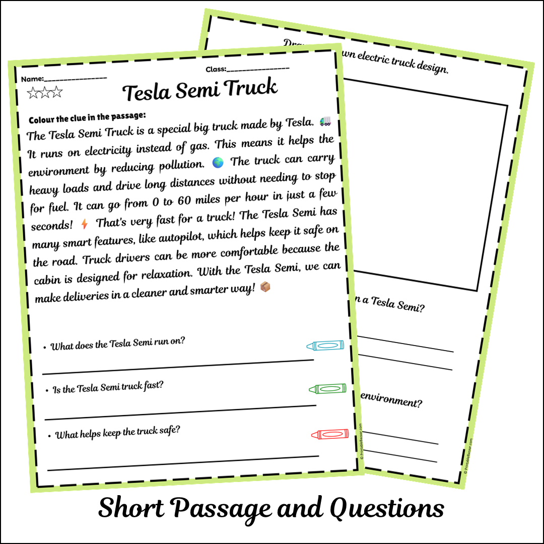 Tesla Semi Truck | Short Reading Comprehension Creative Worksheet