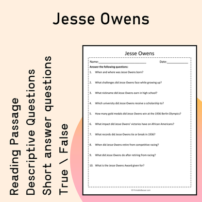 Jesse Owens | Reading Comprehension Passage Printable Activity