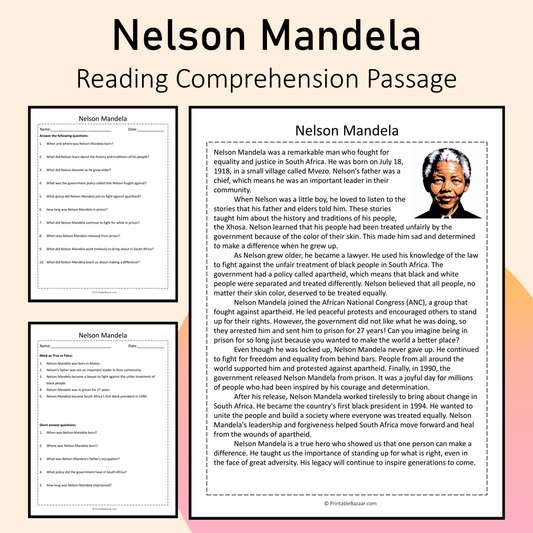Nelson Mandela | Reading Comprehension Passage Printable Activity