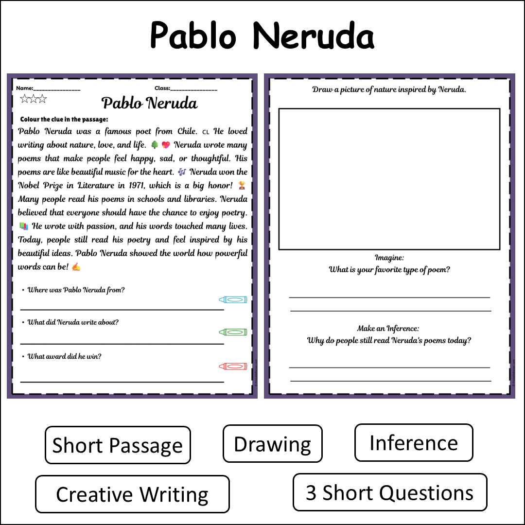 Pablo Neruda | Short Reading Comprehension Creative Worksheet