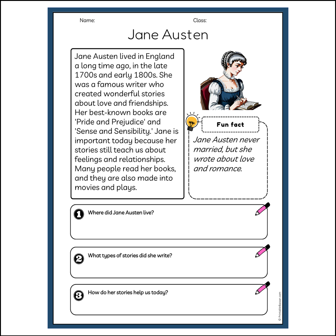 Jane Austen | Reading Passage Comprehension Questions Writing Facts Worksheet