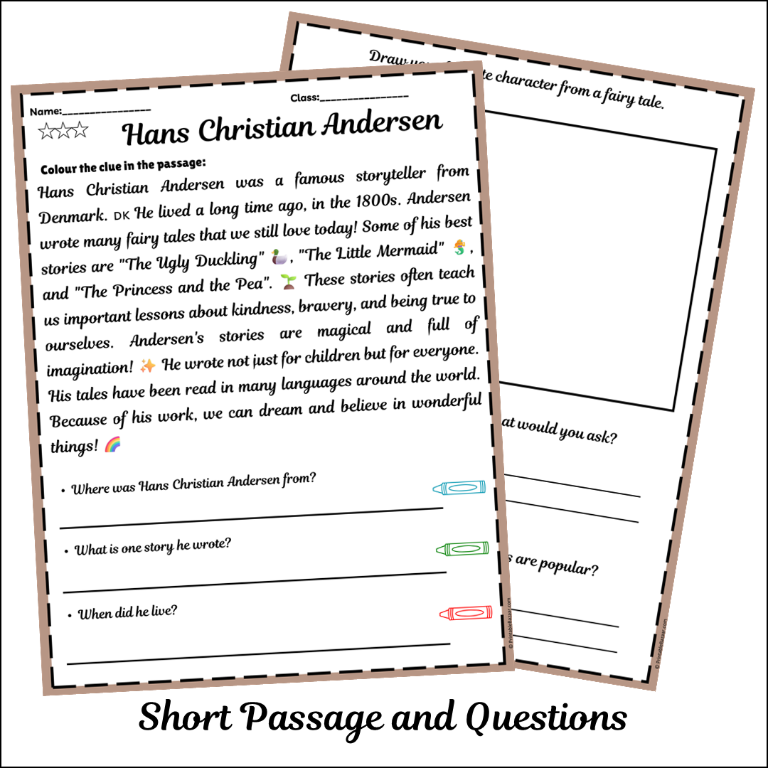Hans Christian Andersen | Short Reading Comprehension Creative Worksheet
